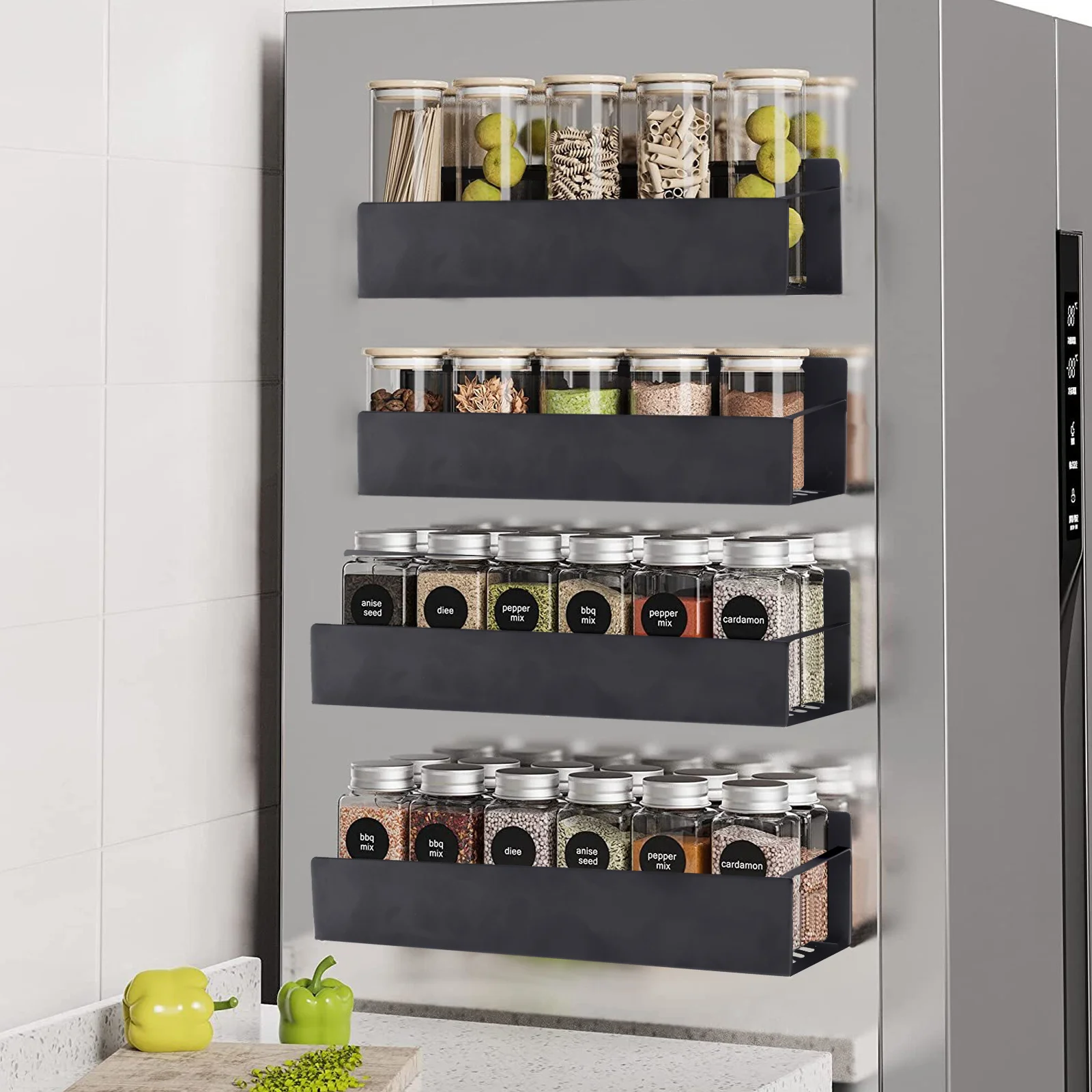 

4 Pack Magnetic Spice Rack for Refrigerator Organizer Shelf Storage Moveable Magnetic Shelf Fridge Space Saving Heavy-Duty Back