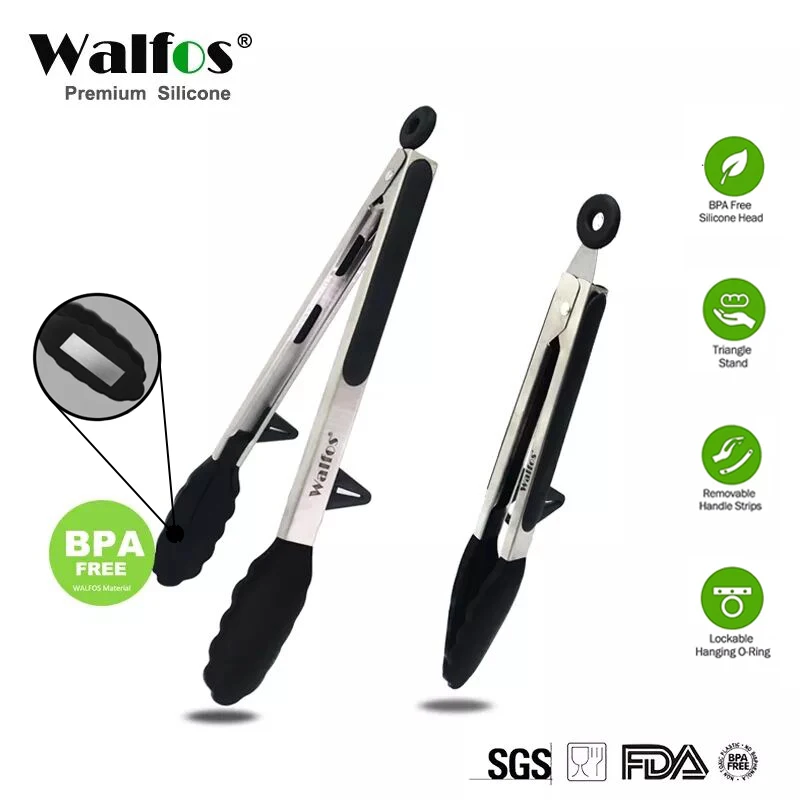 WALFOS BPA Free Food Tongs With Silicone Tip And Stand Premium Sturdy 12-Inch And 9-Inch Stainless-Steel Locking Kitchen Tongs