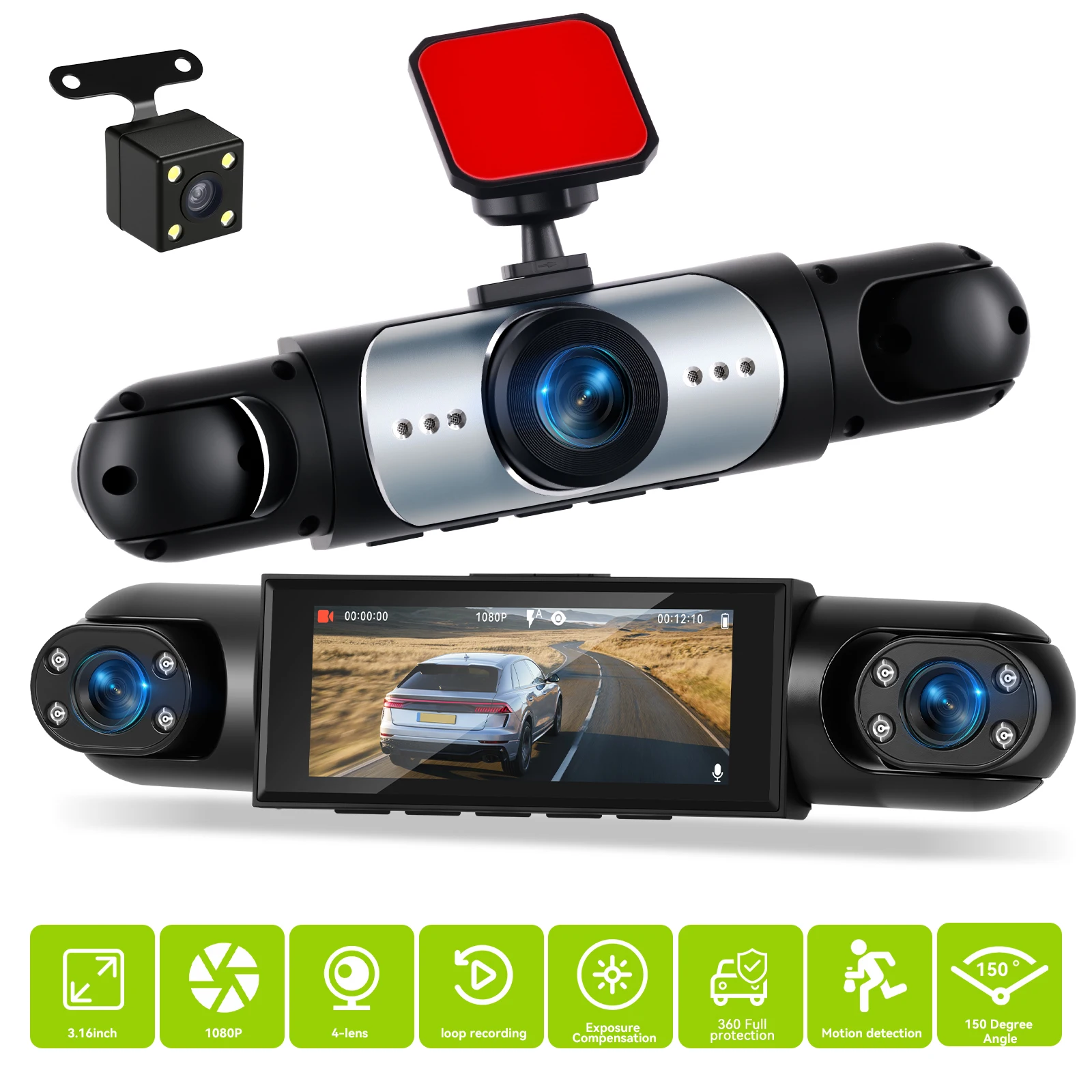Podofo 3,16 Zoll Auto-Dashcam 1080P Auto-Blackbox Dashcam mit Vier HD-Kameras Einschließlich 480P Linke Innenkamera, Rechte Innenkamera und Rückkamera – Detail 11