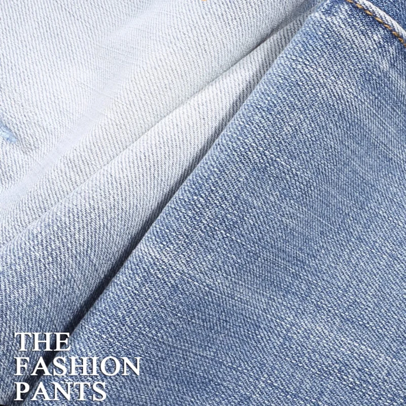 Men's High Quality Slim Fit Jeans Light Blue Wrinkle Washed Nostalgic Stretch Perforated Fashion High Street Style