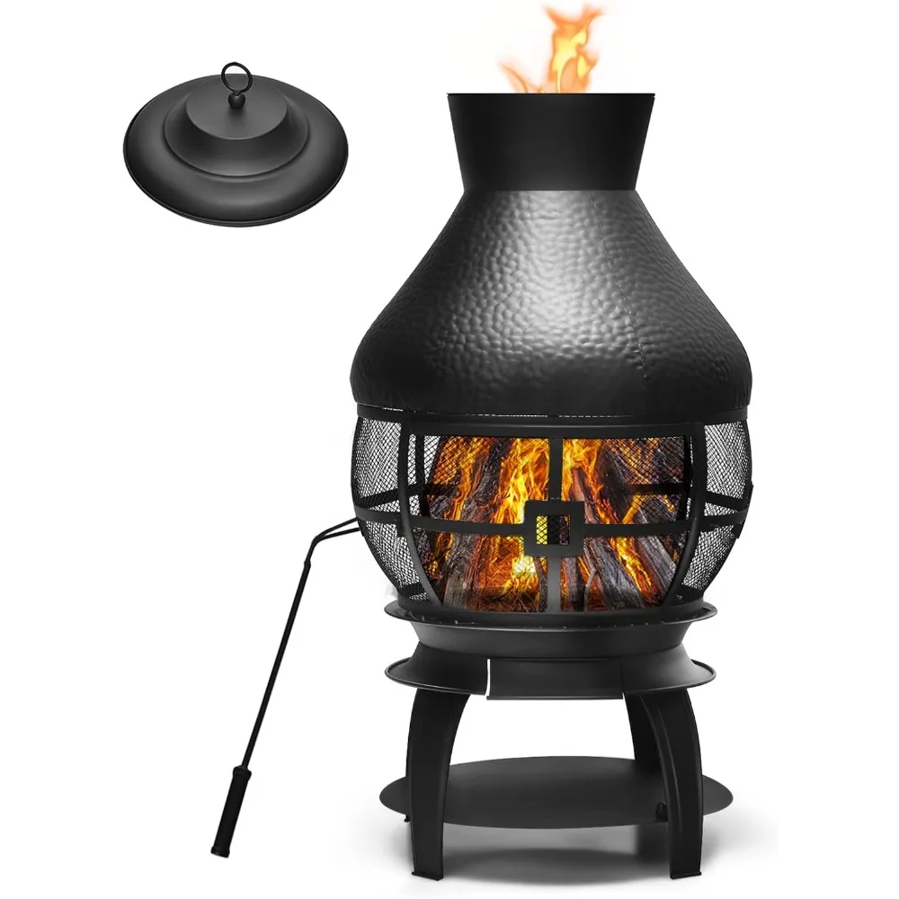 

BETTARY Outdoor Chiminea Fireplace, Vintage Metal Chimineas, Wood-Burning Rustic Finish Fire Pit w/ 360° Wire Mesh, Fire Poker,