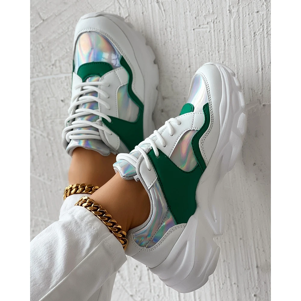 Colorblock Lace-up Sneakers for Fashion Women Daily Casual Round Toe Platform Sports Shoes Spring Fashion Going Out Green Shoes