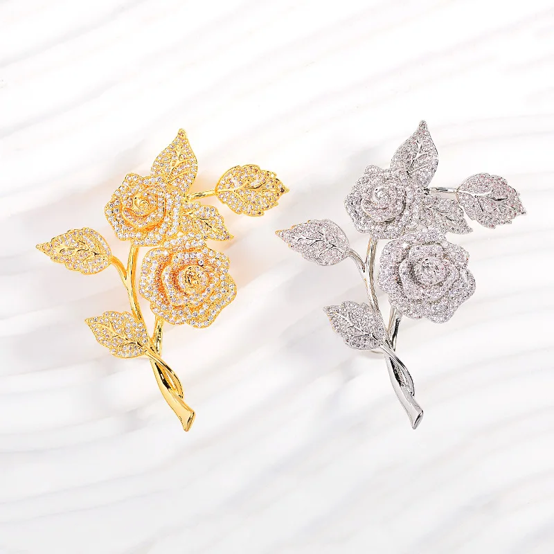 Elegant Rose Branch Brooch for Women High-end Micro-inlaid Zircon Coat Jacket Fashionable Commuting Versatile Accessory Pin