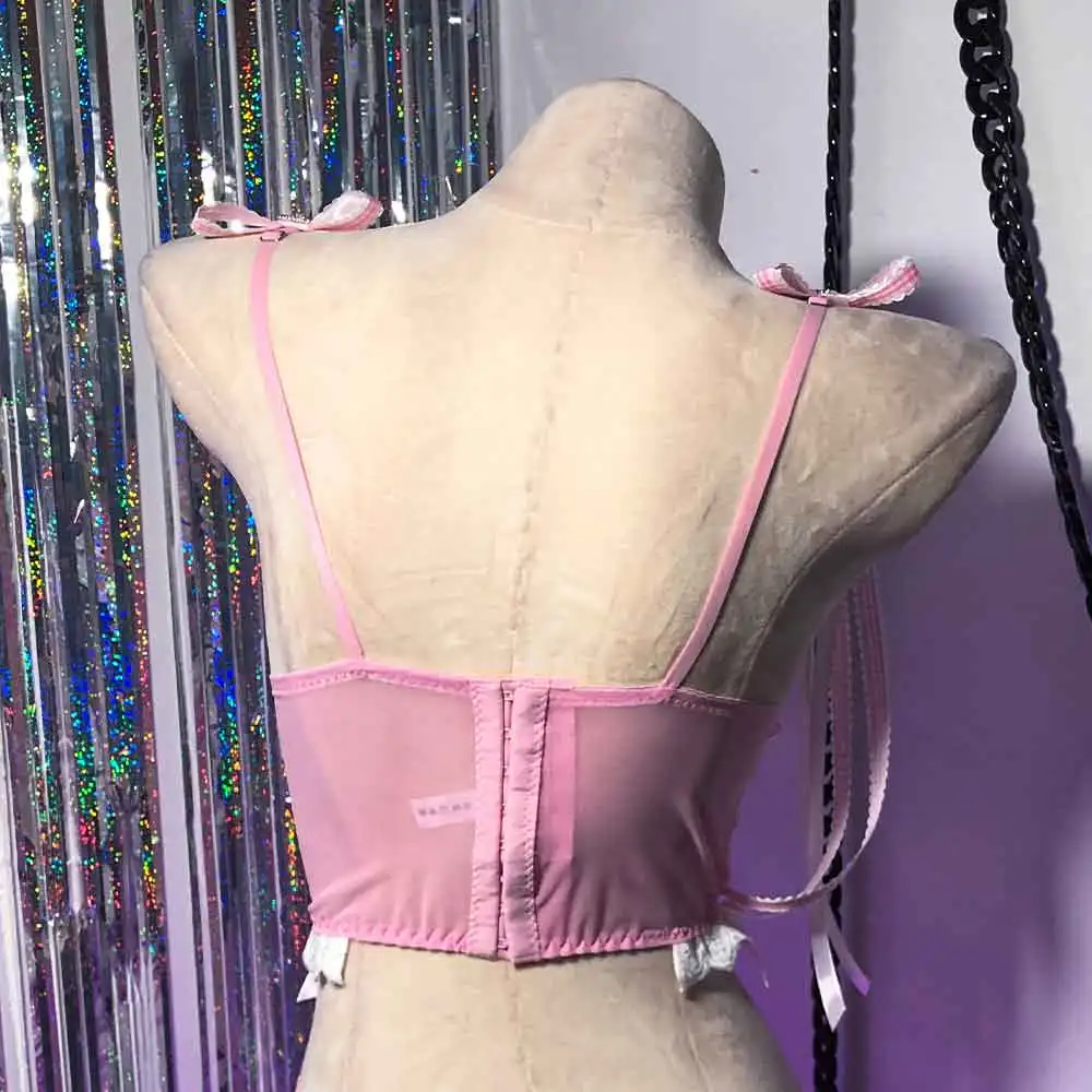 เสื้อสายเดี่ยวสไตล์พังก์ร็อก ฮาราจูกุ วายทูเค กอธิค เอ็มโอม ชมพู อีเกิร์ล โบว์  งาน DIY ยุค 80 คาวาอี้ กรันจ์ แฟรี่ ยุค 90