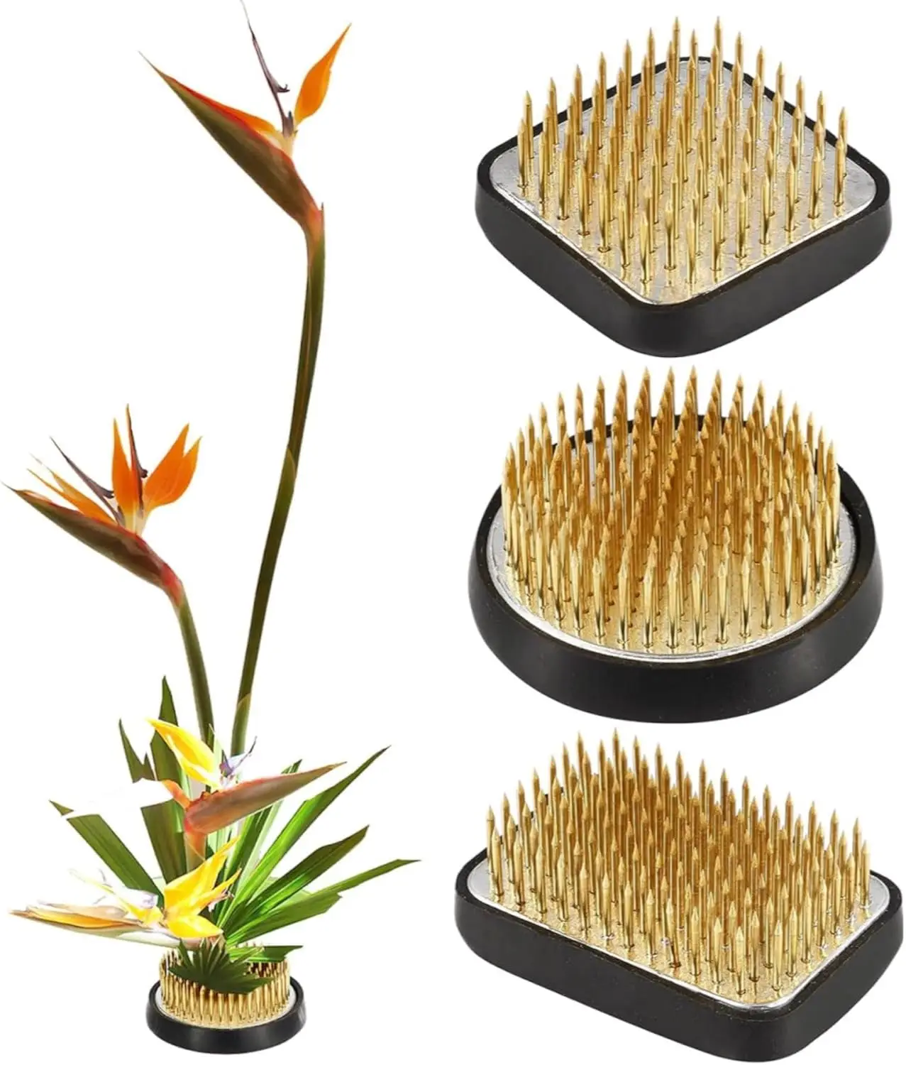 

3-Piece Flower Frog Set for Ikebana Arrangements, Includes Round, Square, and Rectangle Kenzan