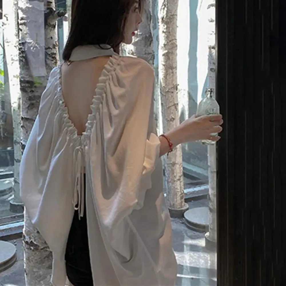 

Korean Sexy Backless Lady Shirt Fashion Lantern Elegant Tops Blouses Hollow Long Sleeves Summer Loose Shirts Women White Blusas