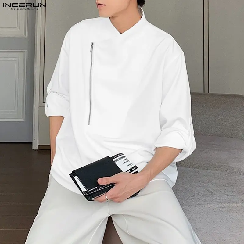 INCERUN Męska Koszula Jednolita Kolorystyka Zamek Błyskawiczny Długi Rękaw Luźny Krój Odzież Męska Streetwear Koreański Styl Moda Casualowe Bluzki Koszule Męskie S-5XL 2025
