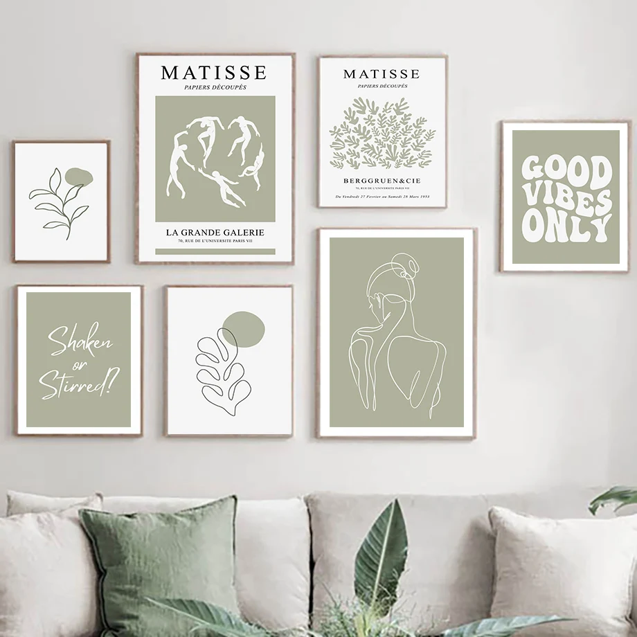 Boho Matisse Linien Mädchen Grüne Blätter Wandkunst Leinwandgemälde Abstrakte nordische Poster und Drucke Bilder für Wohnzimmer Dekoration