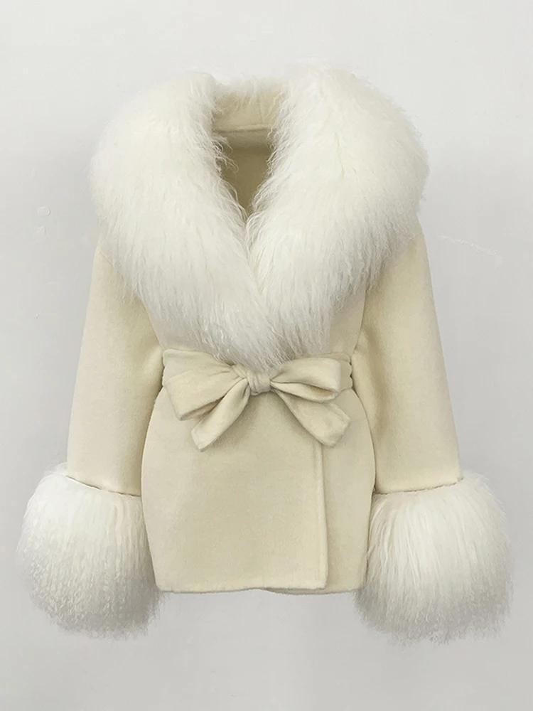 New 2025 Lady Fashion Real Fur Cuffs Coat Winter Clothing Women Wool Clothes Natural Mongolia Sheep Fur Woolen Jacket Female