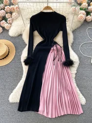 Autumn Winter Vintage Knitted Dress Women Looped Long Sleeved Patchwork Pleated Dresses Ladies Slim A-line Party Long Robe