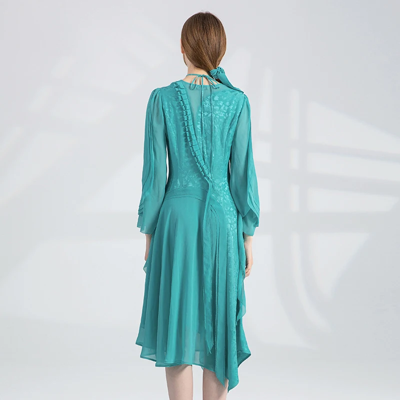 Silk 22 Momme Blue Jacquard Lace Up Neck with Wooden Ear Edge Decoration Irregular Long Sleeve Elegant Dress AY263