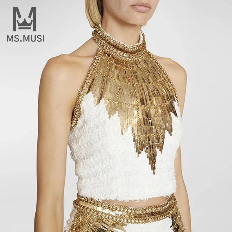 

MSMUSI 2023 Newest Designer Fashion Women Sexy Halter Sequins Stunning Metallic Diamonds Beading Tweed Backless Camis Tank Tops