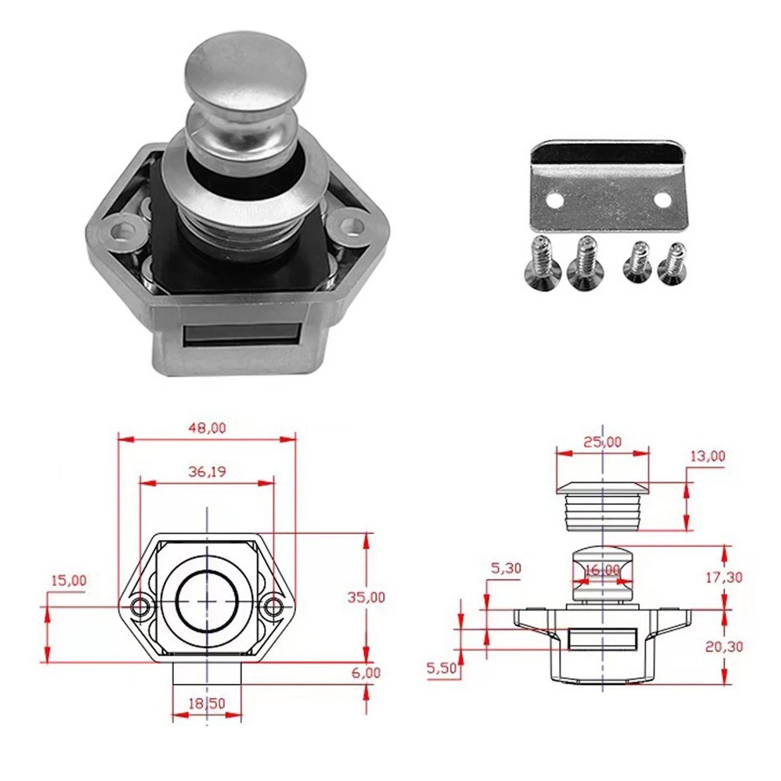 Push Button Keyless Locks Latch Knob Cupboard 20mm Mounting Hole for RV Caravan Boat Drawer Cabinet Door Thickness 15mm-27mm 1PC