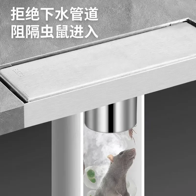 304 Stainless Steel Tibetan Style Long Floor Drain for Bathroom Shower Room Deodorant Hidden Large Displacement Hotel Use
