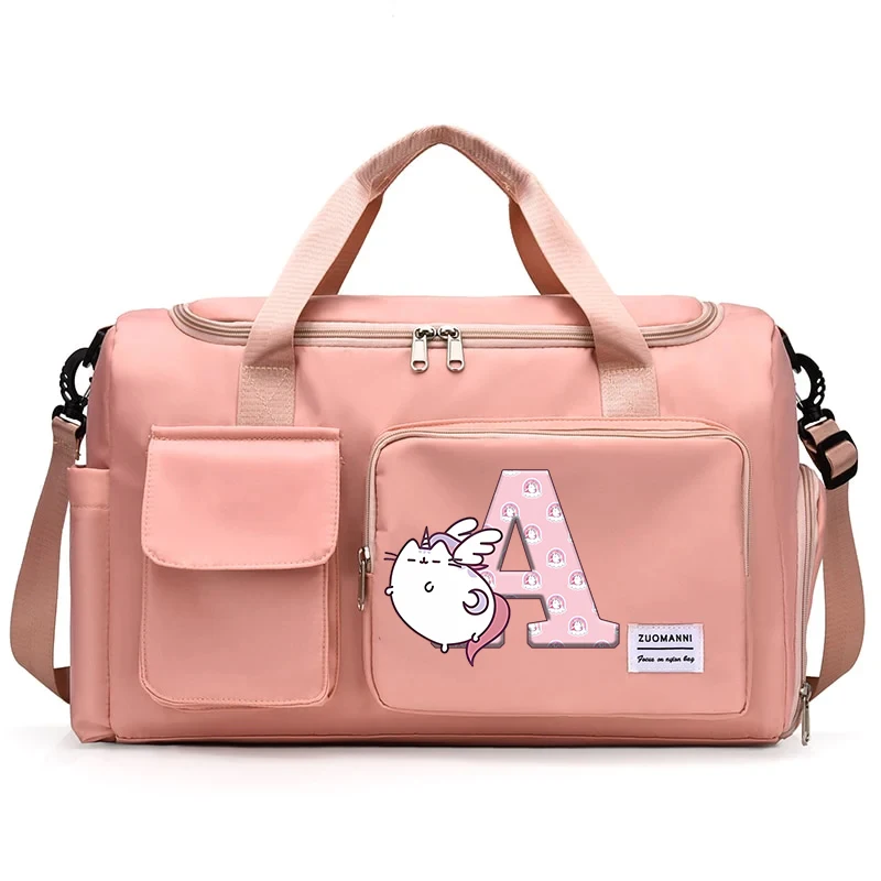 Pusheen Women Men Travel Bags Anime Fat Cats Printed Letter Large Gym Duffle Bags with Shoe Compartment Sport Fitness Handbags