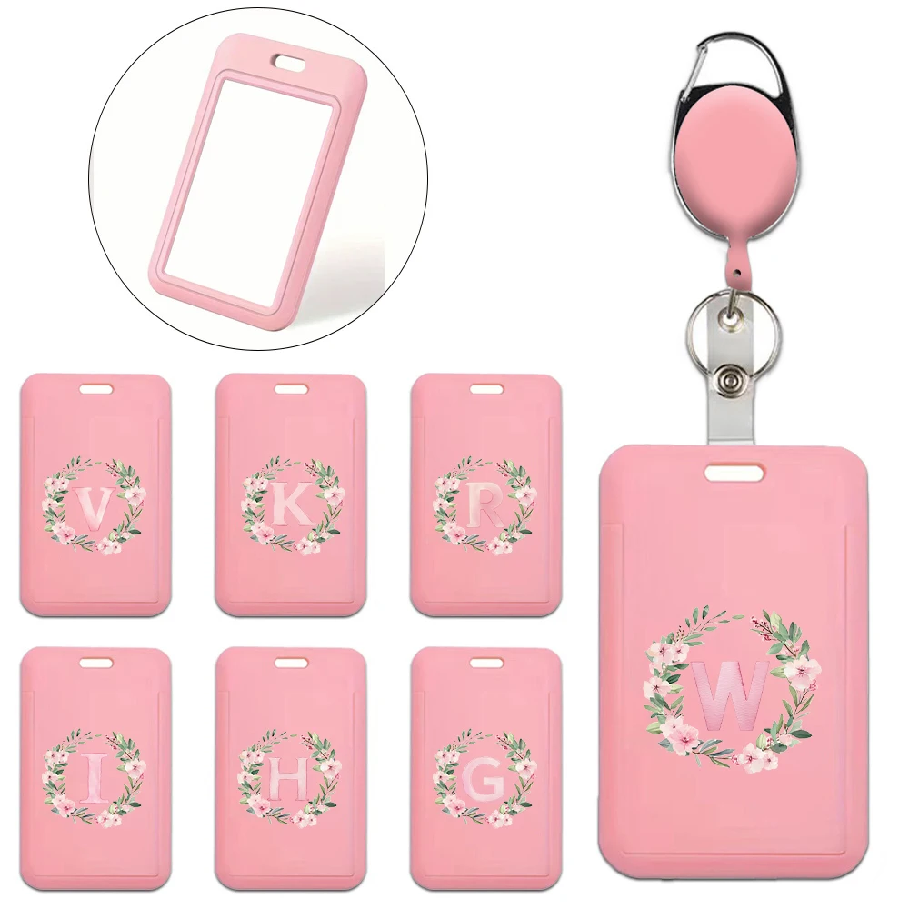 Card Case With Keychain Plastic Dustproof Card Set Identity Badge Clip Security Accessories Waterproof Wreath Letter Pattern