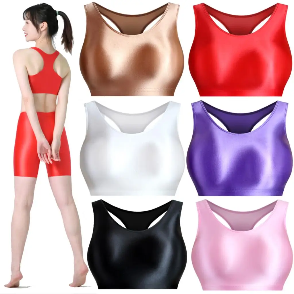 Tights Women Round-Neck Tank T-Shirt Shiny Satin Glossy Tops Summer Blouse Yoga Fitness Vest Camisole