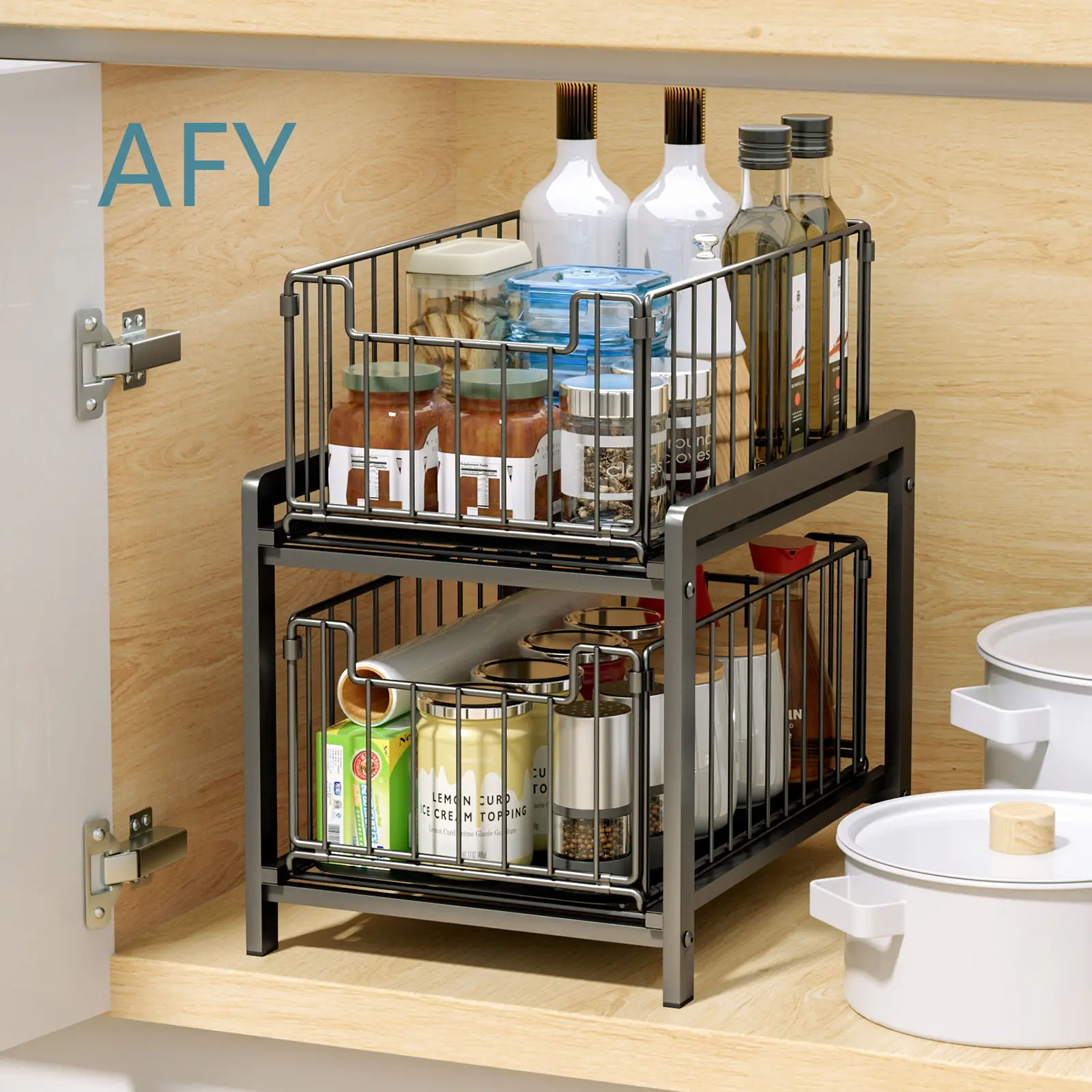 Drawer Style Pull Out Organizer for Kitchen Seasonings Spices Storage Rack Double Tier Sink Cabinet Shelf Under Counter