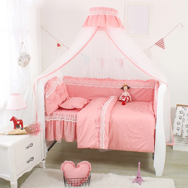 

5PCS/Set Princess Style Crib Surround Lace Children's Bedding Kit Pure Cotton Sheet Removable Anti-collision Baby Bed Bumpers