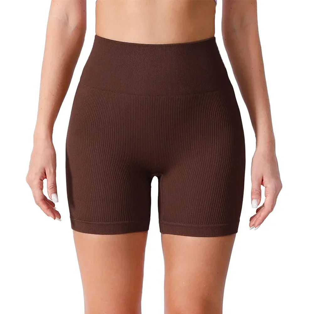 Calção de malha com nervuras de cintura alta feminina, calça de elevação de bunda, casual, fitness escuro, ioga, verão, marca