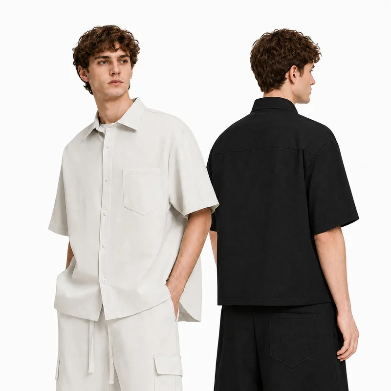 HELLOMARCEL EU US Size 300g Heavyweight Men Boxy Short-Sleeve Shirt Workwear Style Summer Casual Outfit