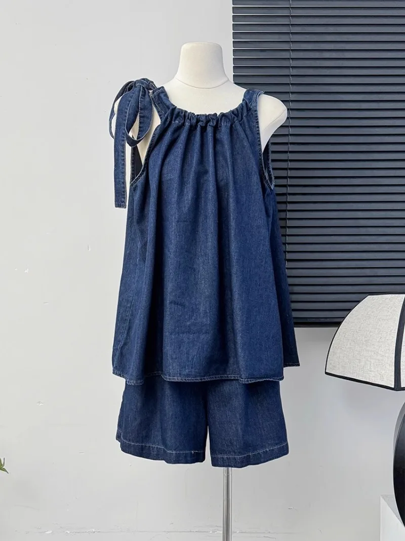 O Neck Bandage Bowknot Vest Denim Top Shirt Suit+high Waist Wide Leg Loose Shorts Outfits Y2k Vintage Summer Set Women 2 Pieces