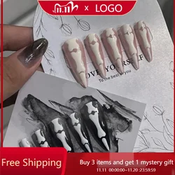 10pcs Halloween Goth Bone Press On Nail-Glossy Long Almond Shape False Nail Sweet and Cool Full Cover Design for Women and Girls