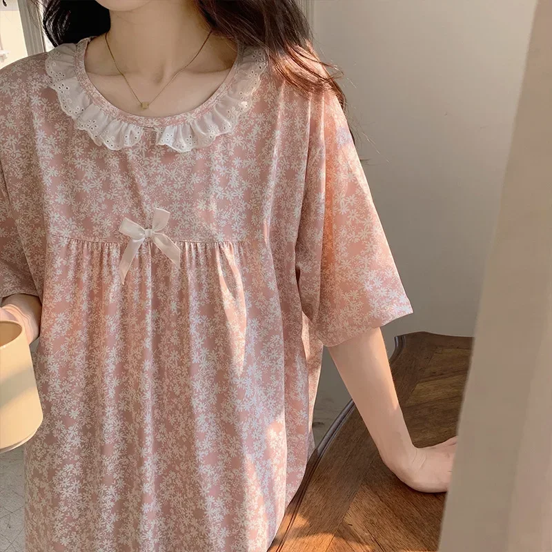 100kg Plus Size Loose Pajamas Women Summer Imitation Cotton Long Nightdress Short Sleeve Lace Literary Floral Dress Home Clothes