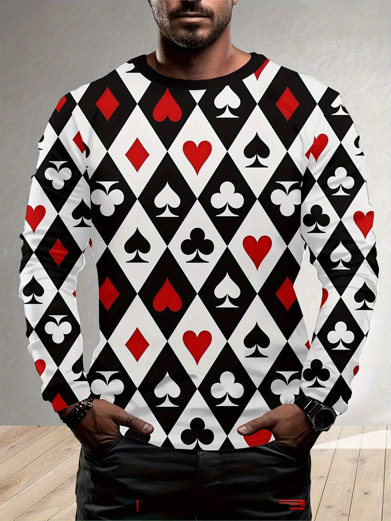 Stylish Men's Printed T-Shirt with Optical Illusion Effect Round Neck Long Sleeves Men's Street Style Bold Design Round Neck Top