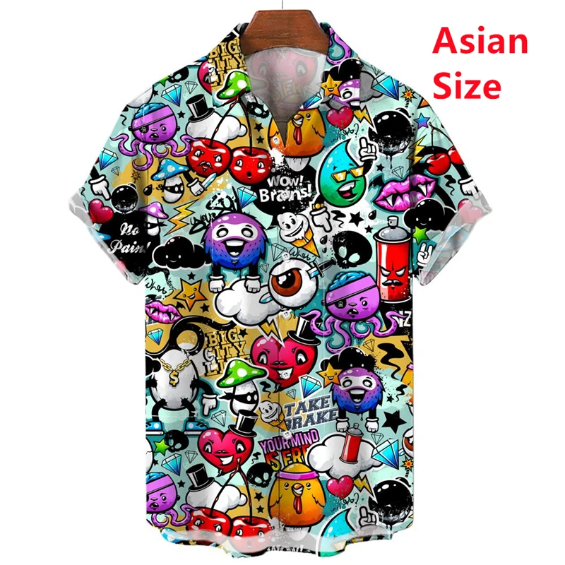 New Hawaiian Shirt Short-Sleeved Shirt Men's Lapel Button-Down Shirt Graffiti Print Clothing Street Casual Loose Clothes Fashion