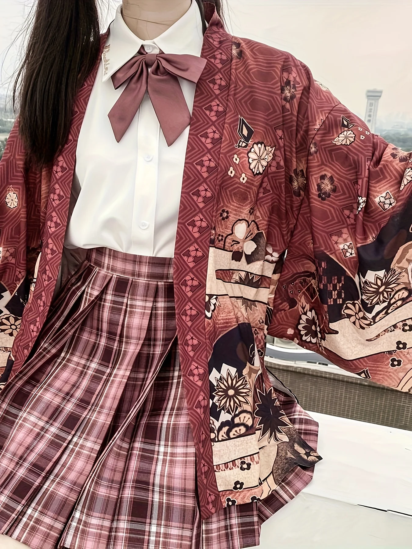 Estilo japonés cospla tejido de plumas lindo estampado Lolita hermana suave japonés yukata Kimono Cardigan Harajuku antiguo modificado Han