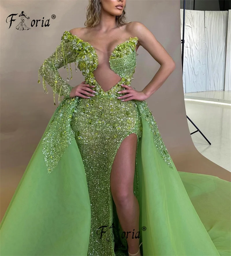 New Dubai Crystal Beaded Evening Wedding Dress with Overskirt Green Slit Mermaid Formal Party Gown Arabic robe de soiree femme