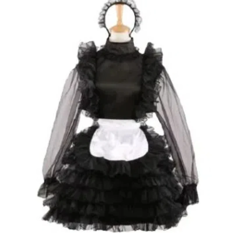 Lockable Spicy Girl Perspective Thin Organza Princess Black Satin Dress Role Play Dress Fluffy Style Maid Dress