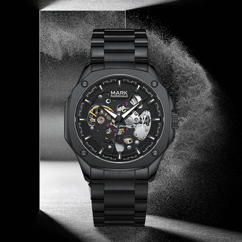 

Mark Fairwhale Men's Automatic Watch Stainless Steel Mechanical Skeleton Luminous Waterproof Business Wristwatch