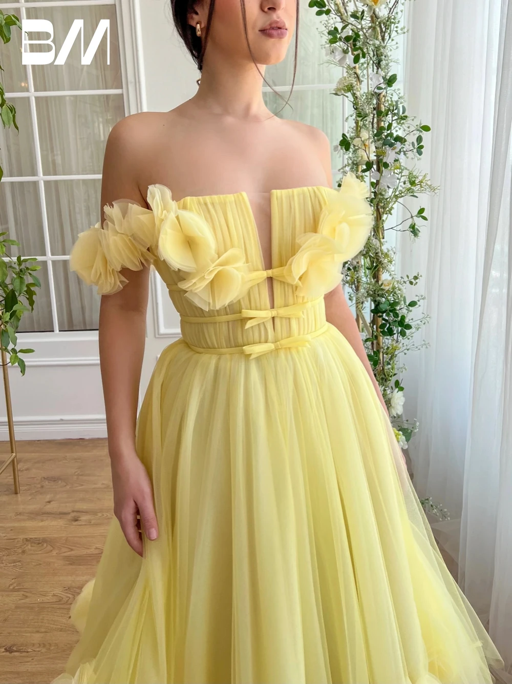 

Elegant Yellow Midi-length A Line Evening Dress Off the Shoulder Party Prom Charming Customized Special Occasion Cocktail Gown