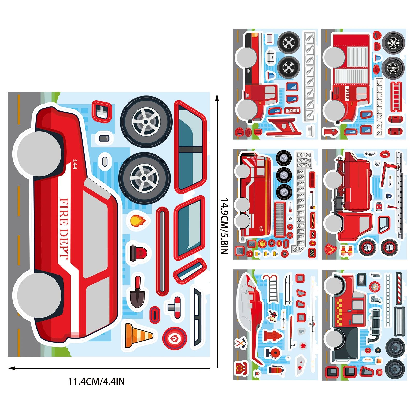 16Sheets Fire Truck Puzzle Graffiti Stickers Rescue Vehicle DIY Toys for Phone Bottle Travel Bag Aesthetic Decals Creative Gifts