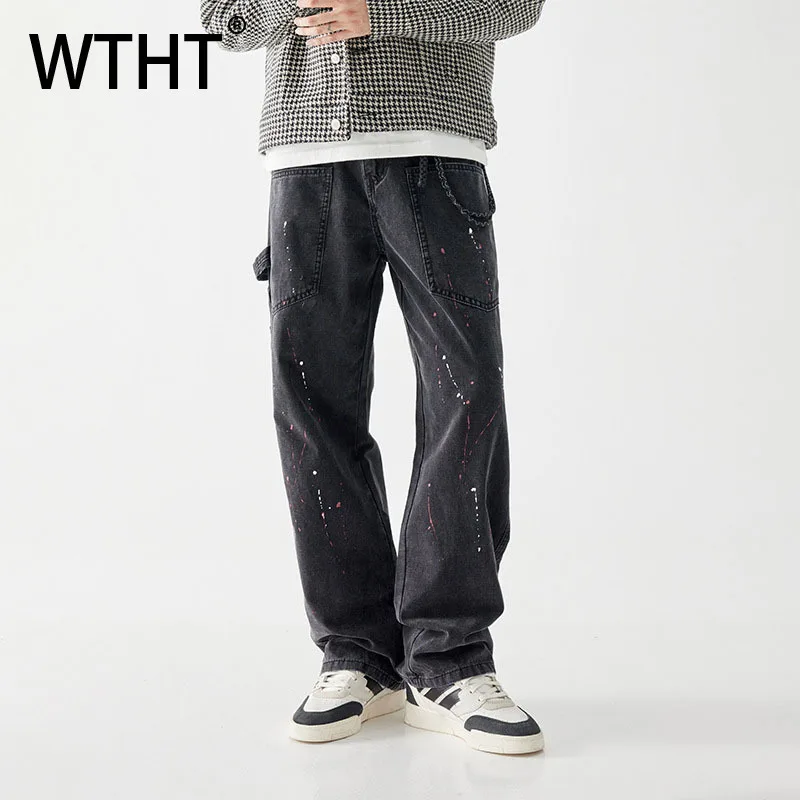 WTHT Vintage Men Spliced Deconstruct Graffiti Cargo Denim Pant Fashion Loose High-waisted Wide Leg Jean Male 2025 Autumn 2A2294