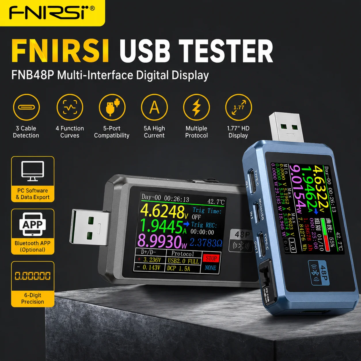 

FNIRSI FNB48P USB Tester Voltmeter Ammeter Type-C PD3.0 QC4.0 Fast Charge Detection Trigger Capacity Ripple Measurement