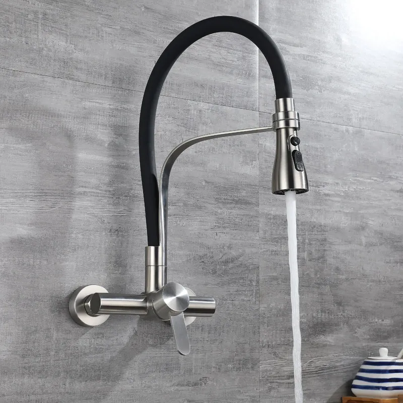 Wall Mounted Pull Out Kitchen Faucet, Foldable Hot Cold Water Mixer for Sink, Splash Proof Retractable Tap for Laundry Basin