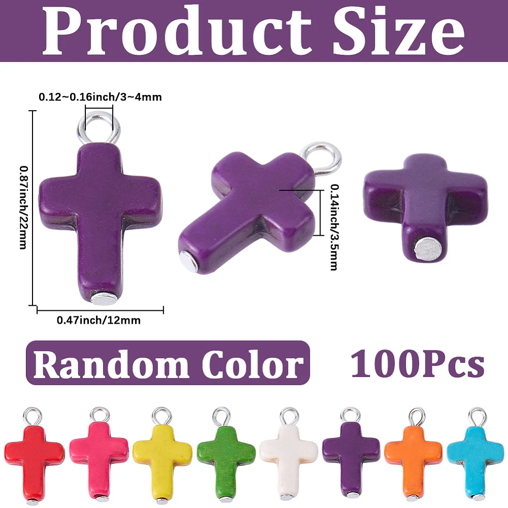 100Pcs Turquoise Cross Charms Color Crosses Charms Bulk Colorful Random Dyed Alloy Ring Stones Easter Crucifix Pendants