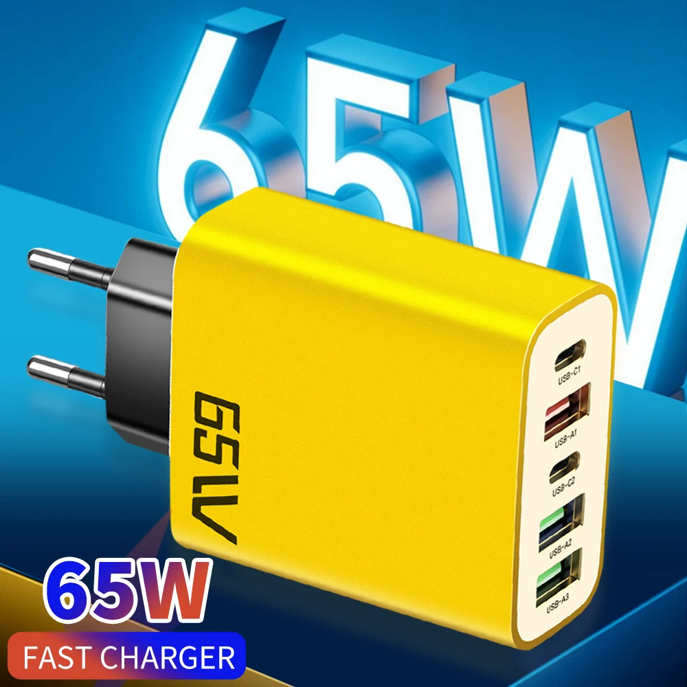 65W 5 Port USB C Fast Charging Station Wall Adapter PD QC3.0 for iPhone Samsung Xiaomi Huawei Mobile Phone EU UK US Plug