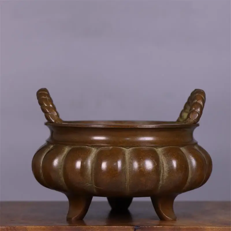 Pure Copper Three Legged Pumpkin Incense Burner Worship Antique Collectible Home Decor Craft Ornament Gift