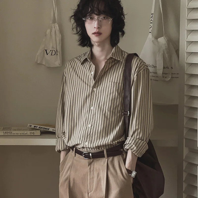 

Men's Japanese Korean Streetwear Retro Fashion Cityboy Long Sleeve Loose Casual Stripe Shirt Commuter Handsome Shirts Blouses