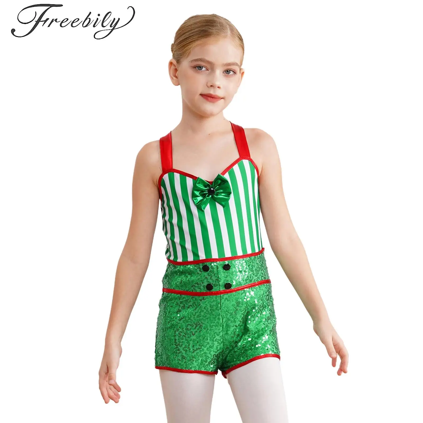 

Gitls Bodysuit Jumpsuit Christmas Candy Cane Striped Sequins Ballet Dance Rhythmic Gymnastics Leotard Shorty Unitard Costumes