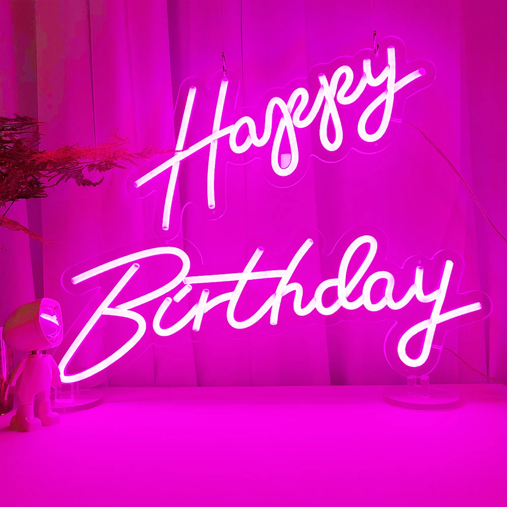Dimmable LED 'Happy Birthday' Neon Sign in Multiple Sizes 42cm/51cm/76cm with Clear Acrylic Backer - Wall Party Light for Celebr