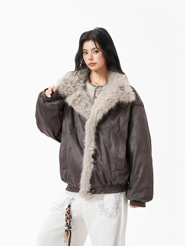 

Winter Fur Collar Parkas Women Y2K American Loose Streetwear Fleece Coats Bf Harajuku Single Breasted Warm Outwear New