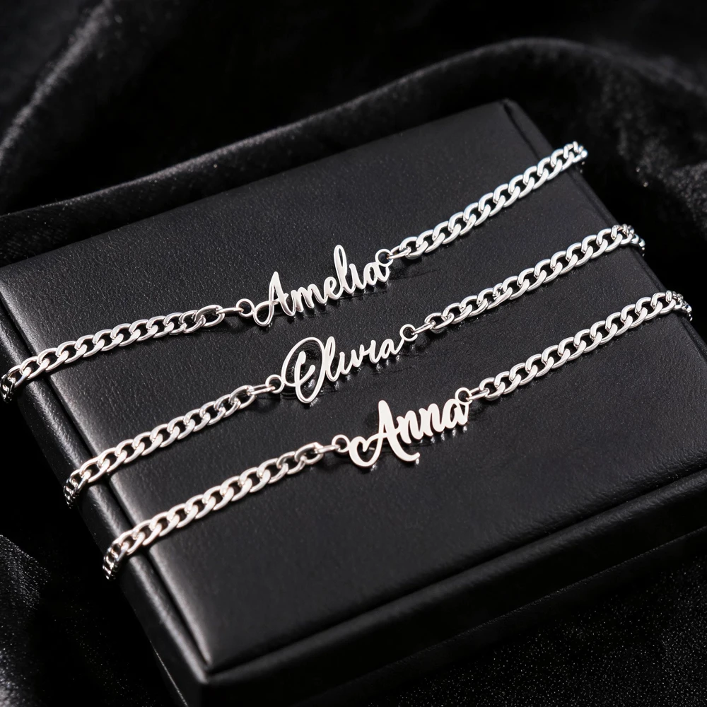 Edelstahl-Armband für Damen, personalisierbares Namensschild-Armband mit 3 mm breitem Gliederarmband, Geburtstagsgeschenk für die Freundin