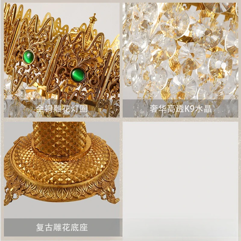 Franse lichte luxe retro volledig koperen kristallen vloerlamp, Europese luxe villa woonkamer, slaapkamer studeerverlichting