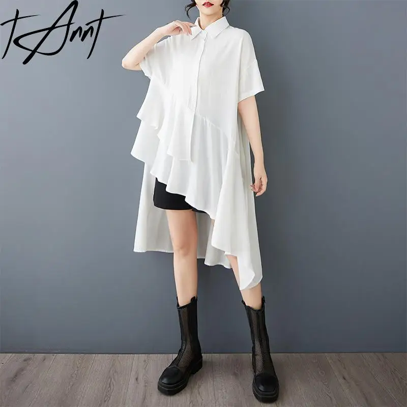 

Tannt Women Shirt Blouse Irregular Ruffles Fashion Blouse Tops Black White Asymmetry Casual Summer Women Long Shirt 2025 New