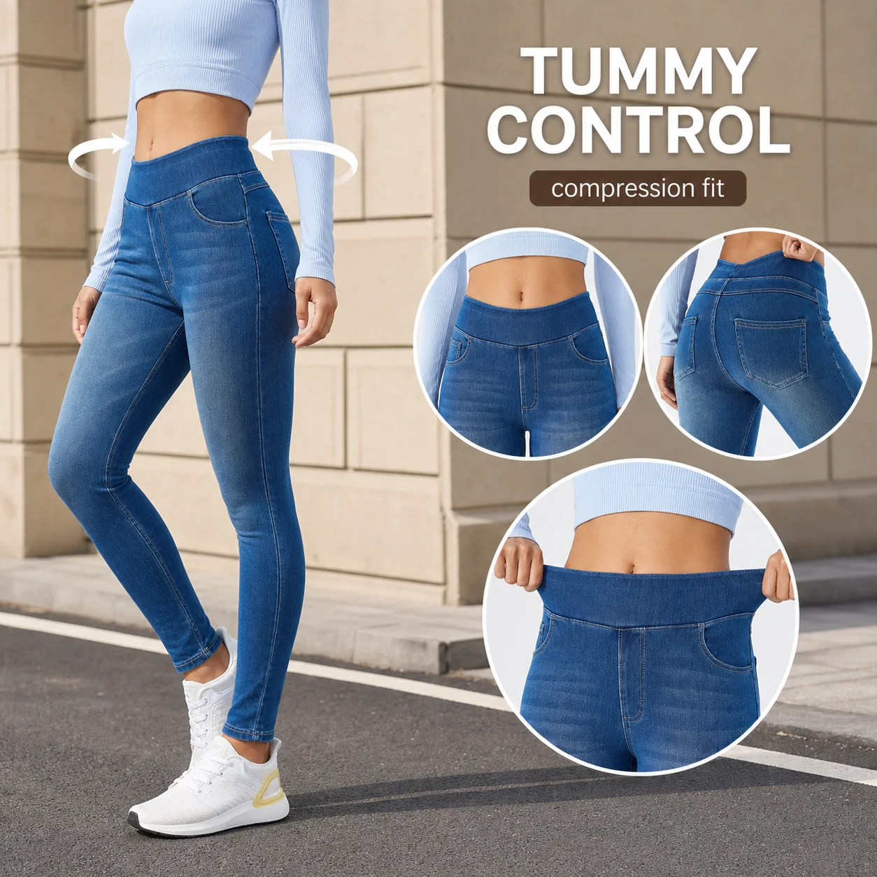 Jeans ajustados elásticos de tiro alto para mujer Smoothscape, pantalones de mezclilla suaves moldeadores con control de abdomen, ajuste delgado, fáciles de poner, para uso casual.